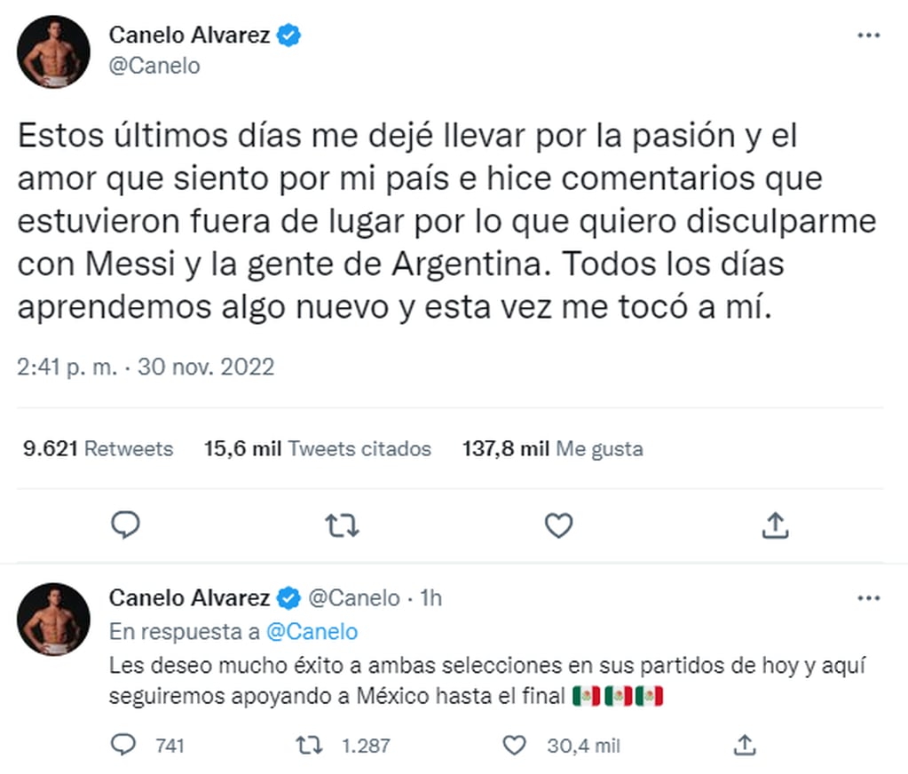 El tuit de Canelo Álvarez pidiéndole disculpas a Messi y a los argentinos.