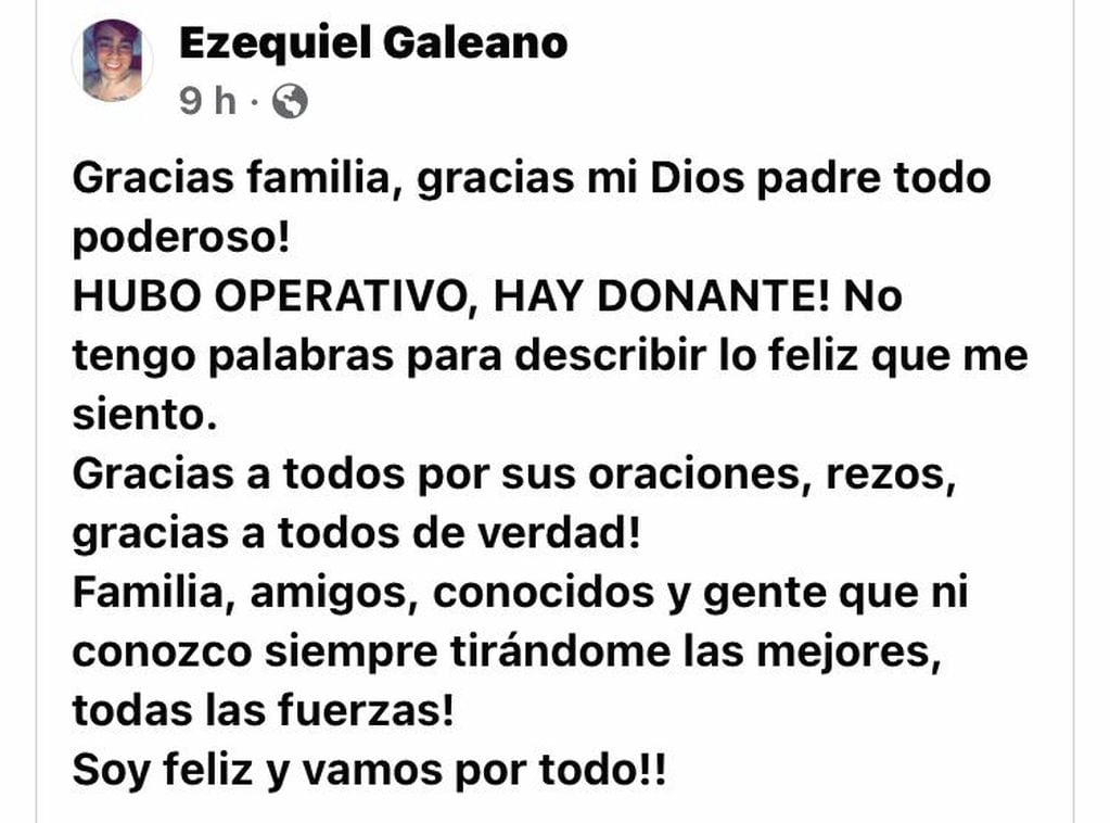 Anoche el eldoradense Ezequiel Galeano partió hacia Buenos Aires tras la aparición de un donante.
