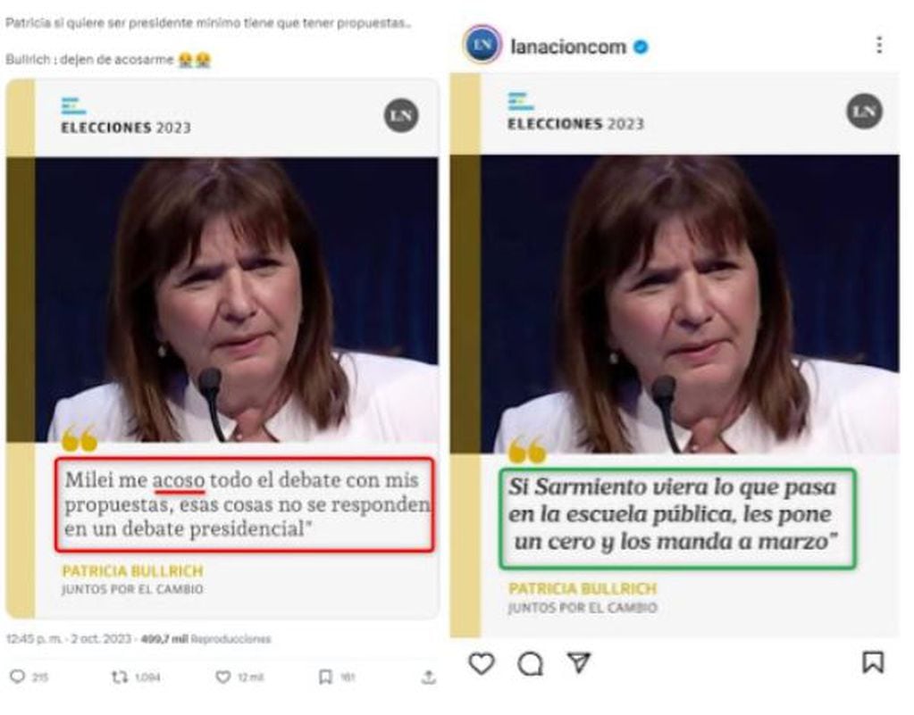 omparación entre capturas de pantalla de una publicación en X (I) y una publicación en Instagram de La Nación, hecha el 3 de octubre de 2023.