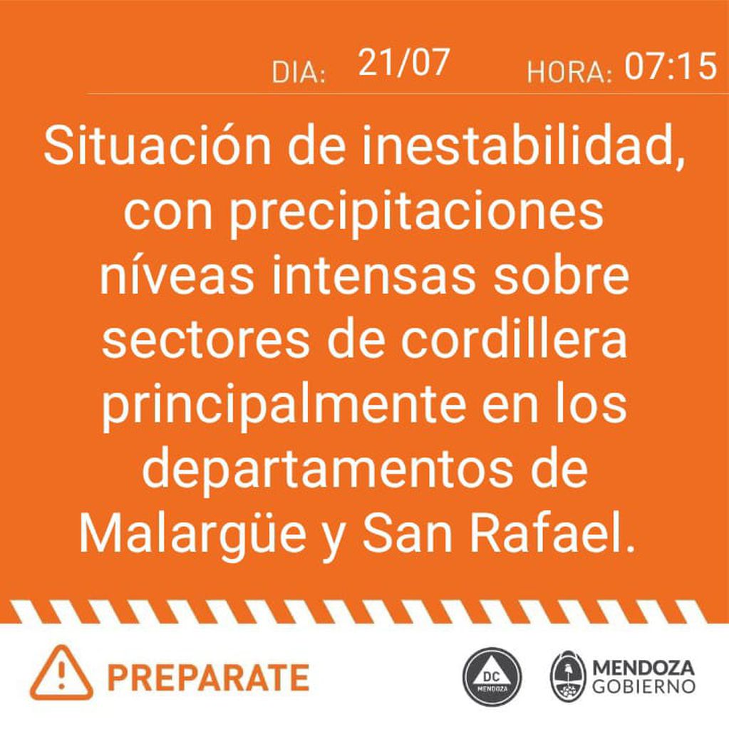 Alerta naranja por nevadas en Mendoza (Defensa Civil)