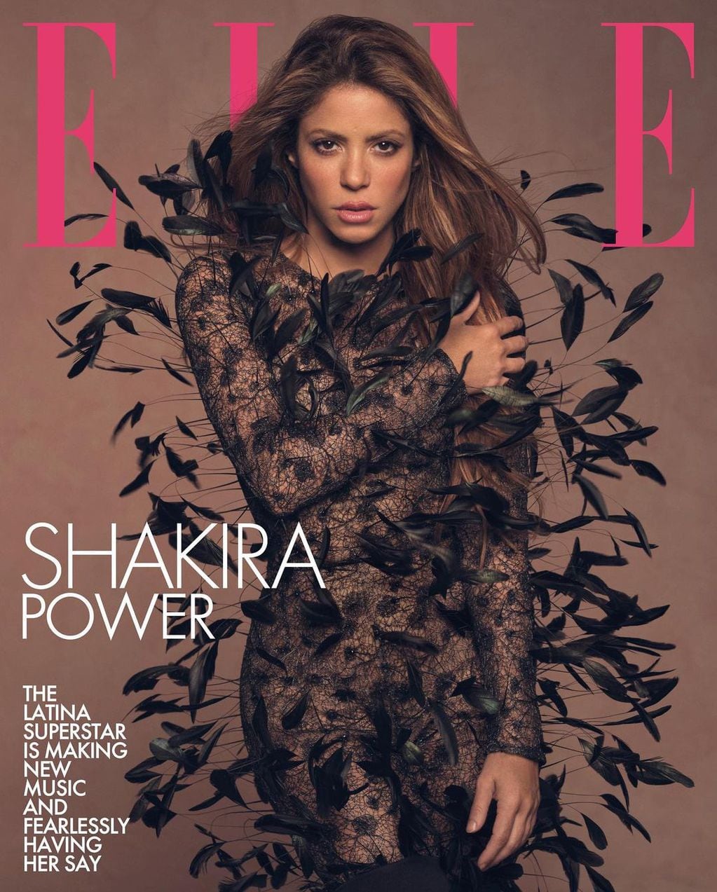 Shakira lució un cat suit negro con plumas para la portada de la revista. 
