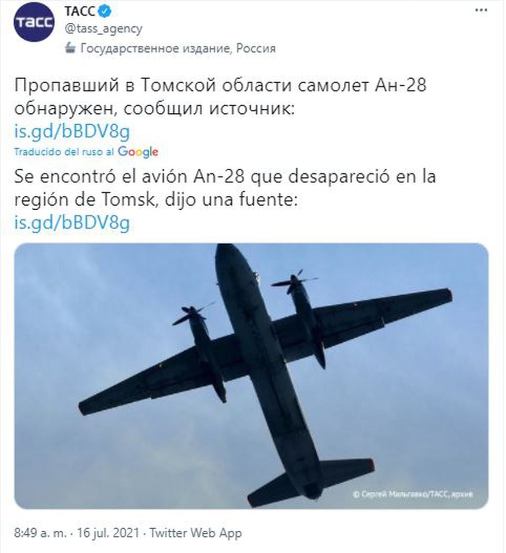 Un avión con 19 pasajeros que había desaparecido cuando sobrevolaba la región de Tomsk, Rusia, fue hallado por las autoridades y con todas las personas a salvo.