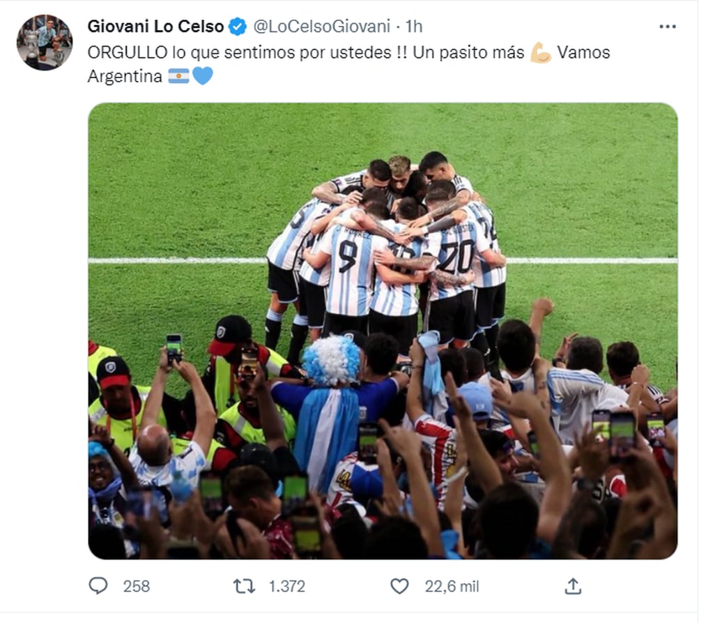 Gio felicitó al equipo argentino por la victoria.
