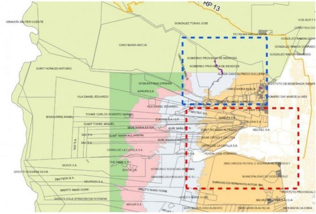 Plano del área del Piedemonte mendocino, el cual está bajo la observación el estudio técnico de Evaluación de Amenazas Aluvionales.