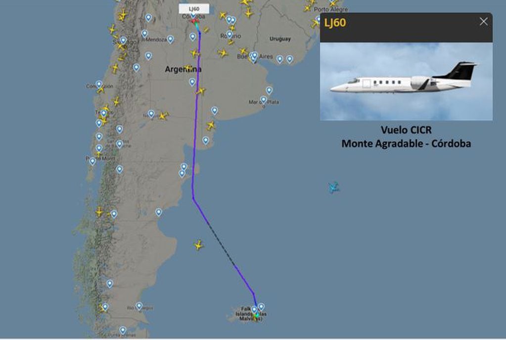 Vuelo Malvinas - Córdoba. Captura del sitio web Flightradar 24.