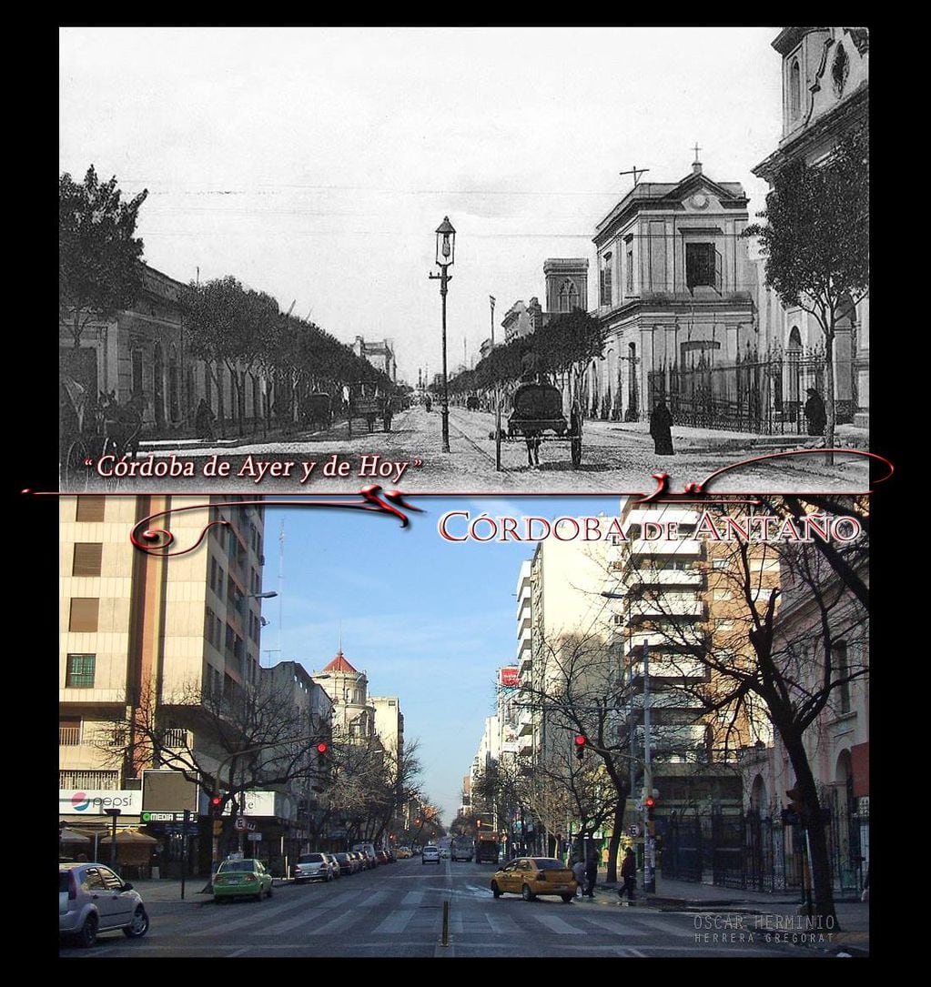 El ayer y hoy de la intersección de Av. Vélez Sarsfield y Deán Funes. A la derecha se encuentra la Basílica de Santo Domingo, protagonista del sector desde 1860. 
