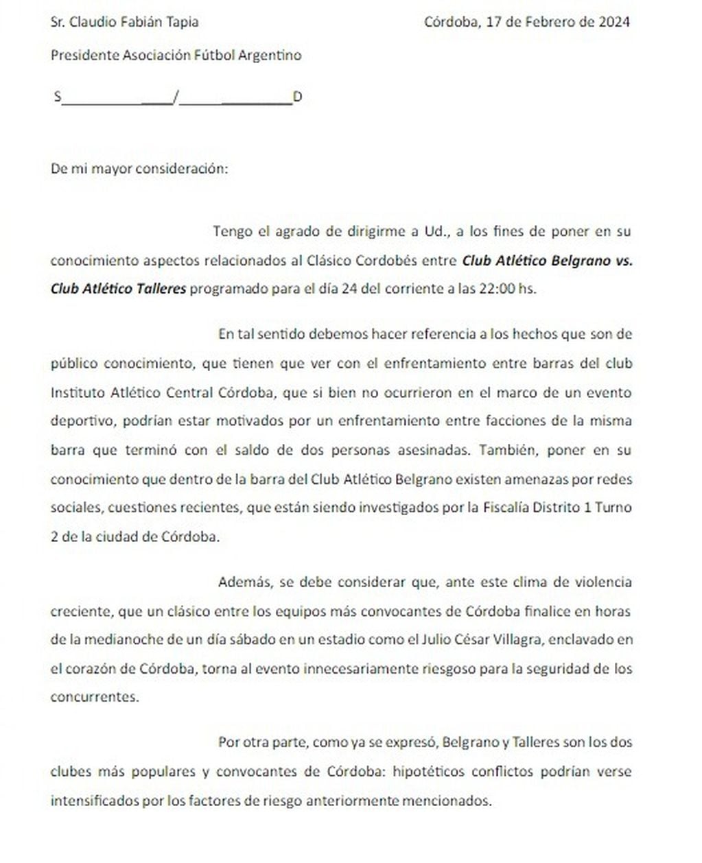 El mensaje del ministro de Seguridad de la provincia de Córdoba al presidente de la AFA.