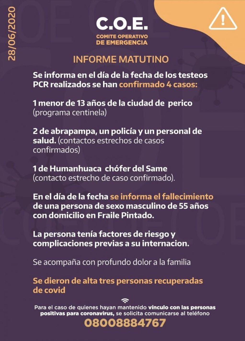 El informe parcial del día, emitido por el COE Jujuy.