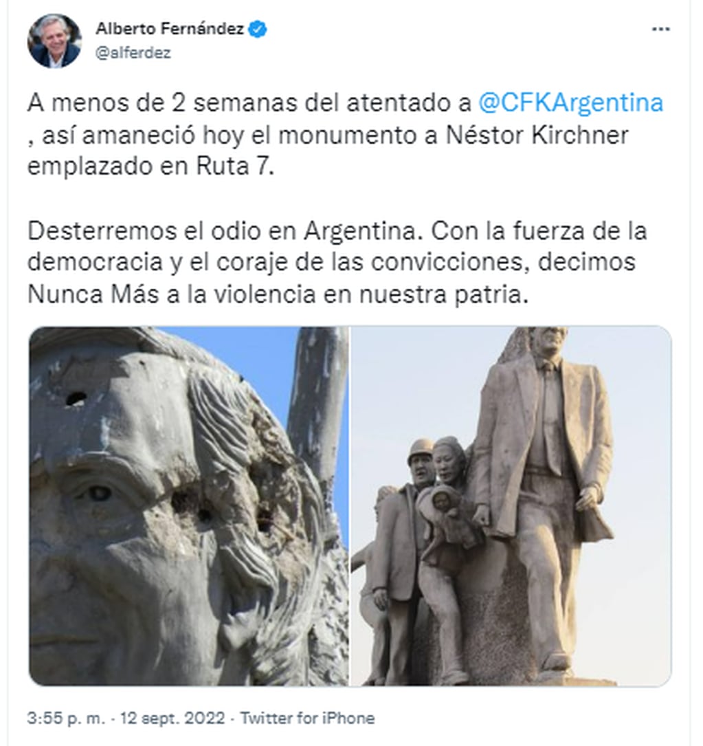 El tuit de Alberto Fernández criticando la vandalización de la estatua de Néstor Kirchner.