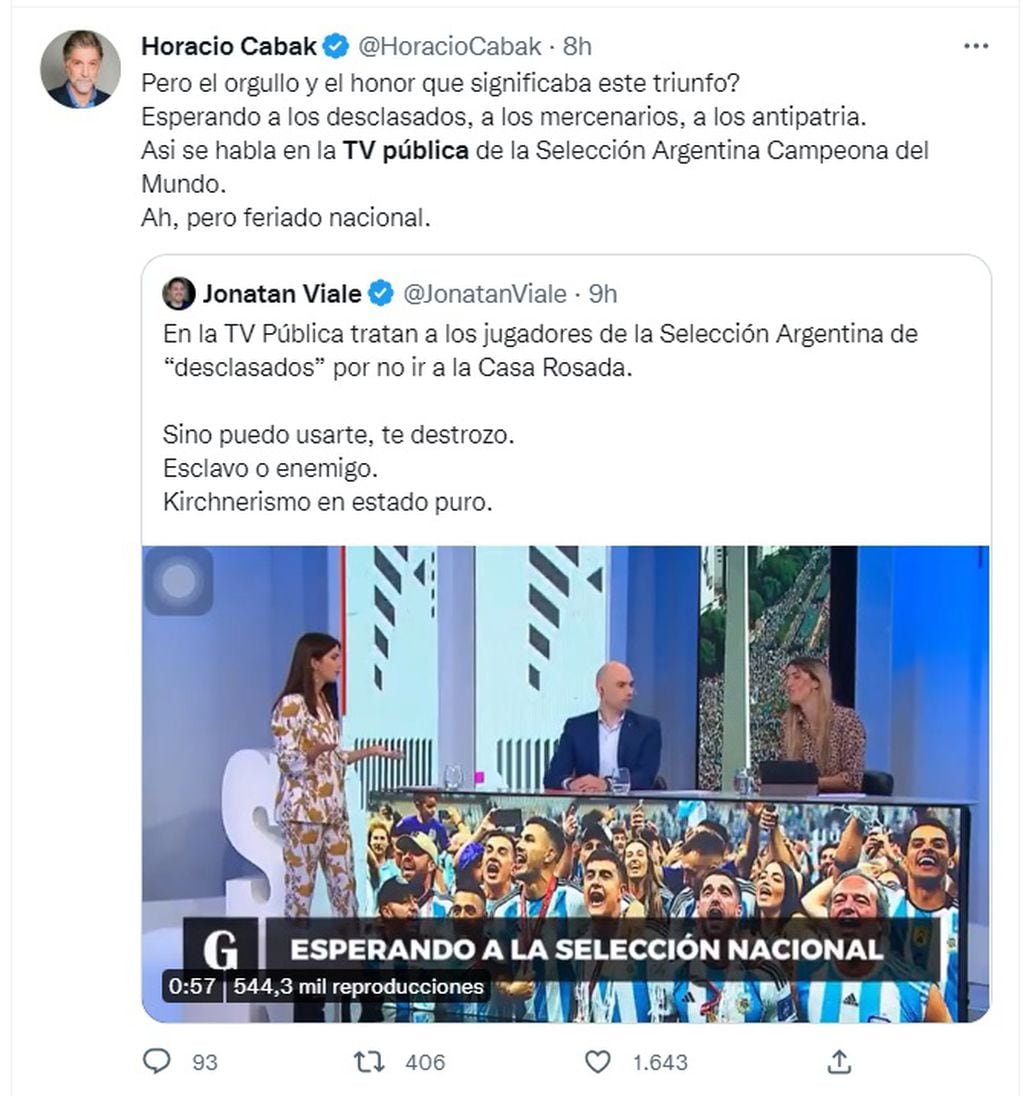 Críticas en redes sociales a la TV Pública por tildar de "desclasados" a los jugadores de la Selección Argentina (Twitter)