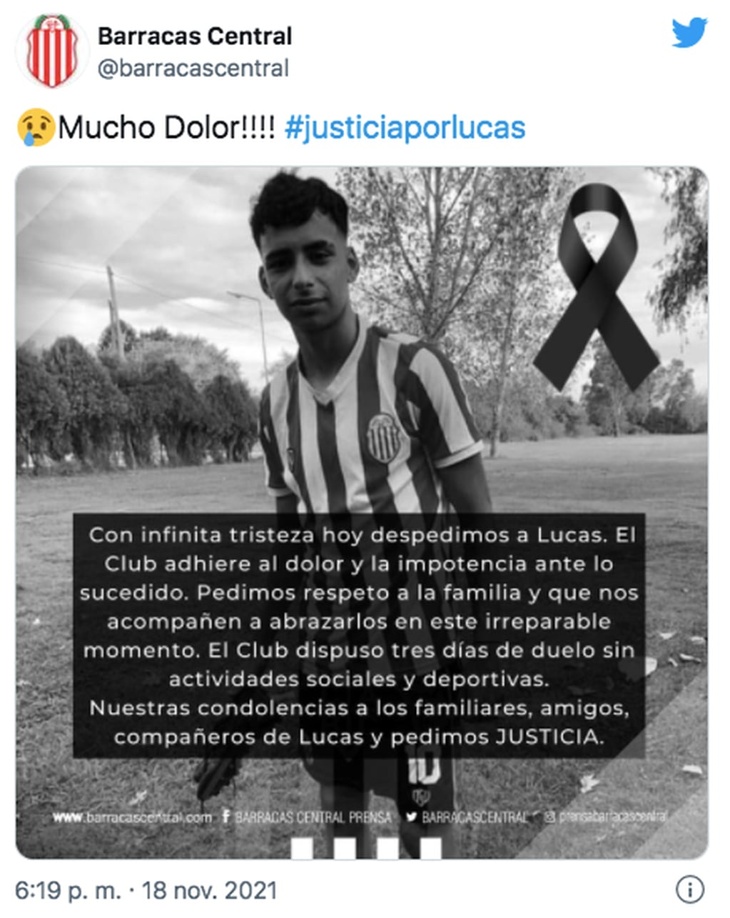 El mensaje de Barracas Central por el asesinato de Lucas González.