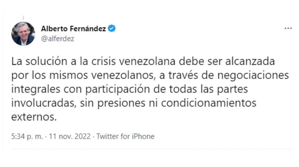 El tuit de Alberto Fernández respecto de la situación en Venezuela.