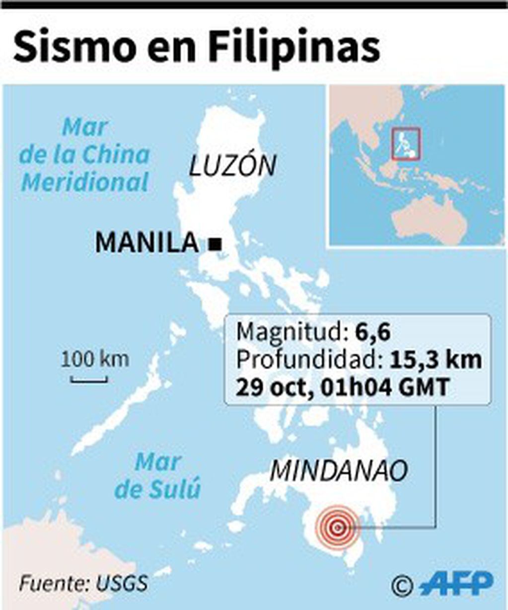 Mapa localizando el sismo de magnitud 6,6 que este martes sacudió la isla de Mindanao, en la zona sur de Filipinas - AFP / AFP