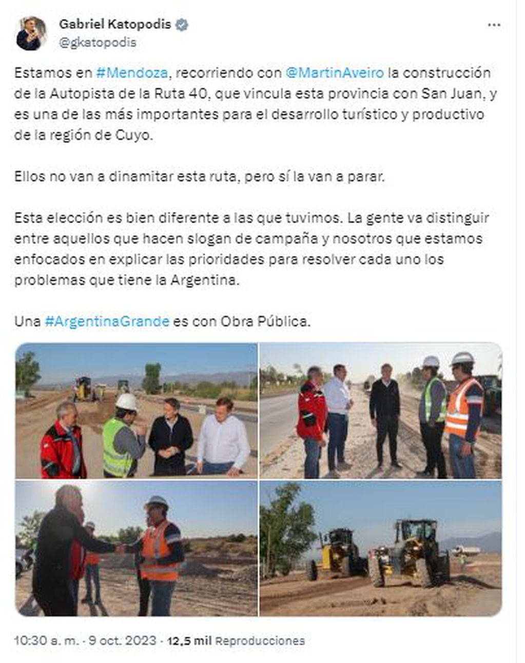 Tuit del el ministro de Obras Públicas de la Nación, Gabriel Katopodis en la construcción de la doble vía, en Lavalle.