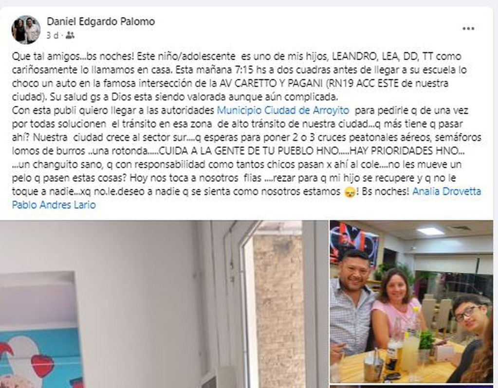 Leandro Palomo sufrió un accidente en Arroyito y lanzan una campaña para recaudar fondos
