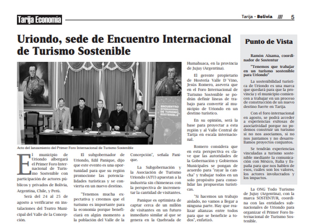El periódico boliviano Tarija Economía destacó en sus páginas el lanzamiento del Encuentro Internacional de Turismo Sostenible "Sostentur 2023" que coordina el jujeño Ramón Aisama.