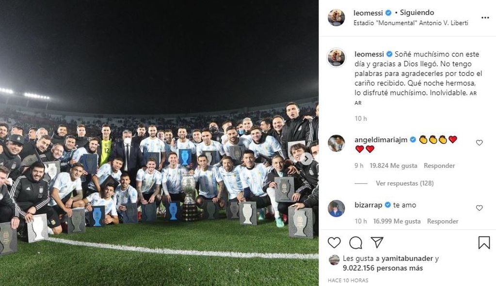 Lionel Messi posteó fotos en su cuenta de Instagram tras la noche soñada en el estadio Monumental: triplete ante Bolivia, nuevo récord y festejo en casa.