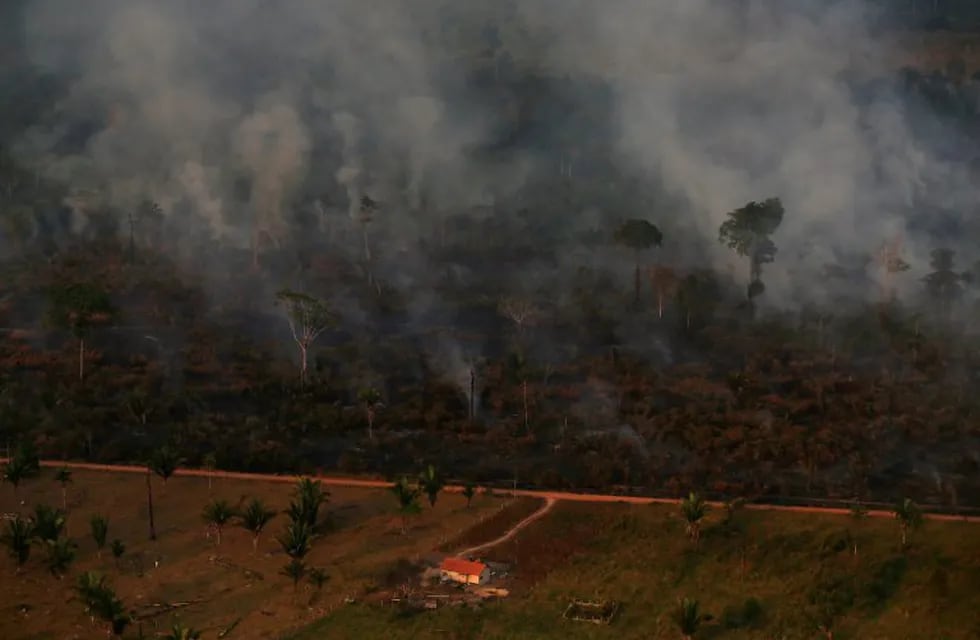 An aerial view of a burning tract of Amazon jungle as it is cleared by loggers and farmers near Porto Velho, Brazil August 29, 2019. REUTERS/Ricardo Moraes
