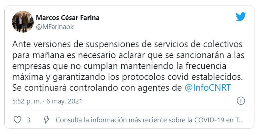 El tuit del subsecretario de Transporte de la Nación, Marcos César Farina.
