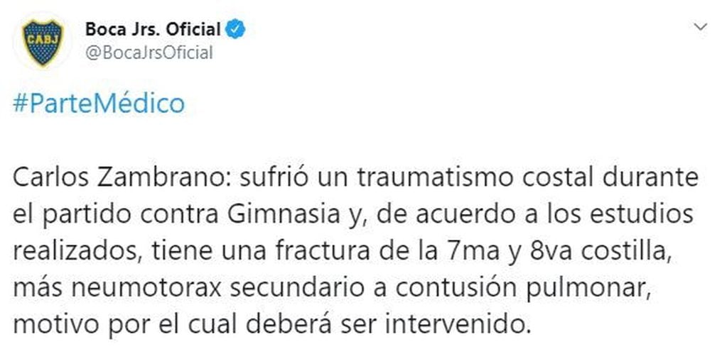 Carlos Zambrano sufrió una fractura de costilla y será baja en Boca por un mes. (Twitter/@BocaJrsOficial)