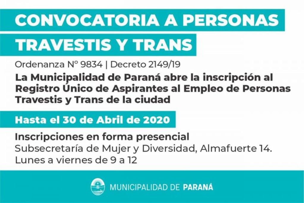 Convocatoria Paraná - Registro Único de Aspirantes al empleo de Personas Travestis y Trans