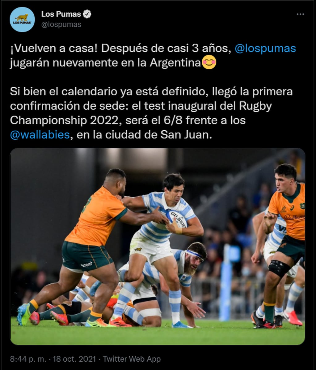 La cuenta oficial de Los Pumas confirmó la vuelta al país (Twitter/@lospumas)