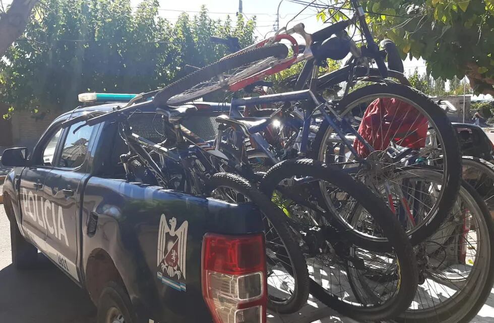 La Policía de Mendoza recuperó 10 bicicletas robadas en una casa de Gutiérrez y busca a sus dueños. Foto: Ministerio de Seguridad de Mendoza.
