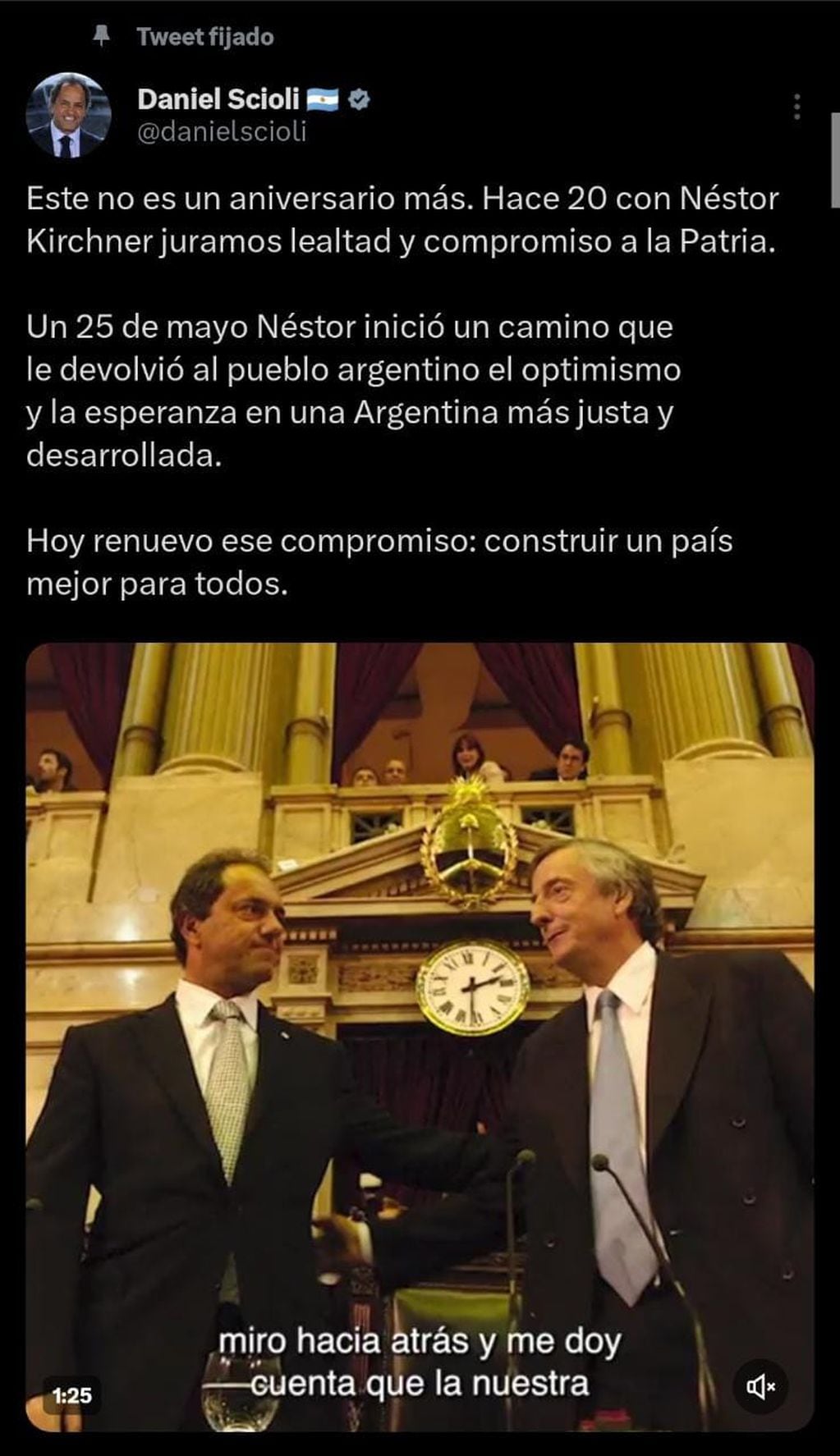 Daniel Scioli y un mensaje sobre los 20 años de la llegada de Néstor Kirchner a la presidencia.
