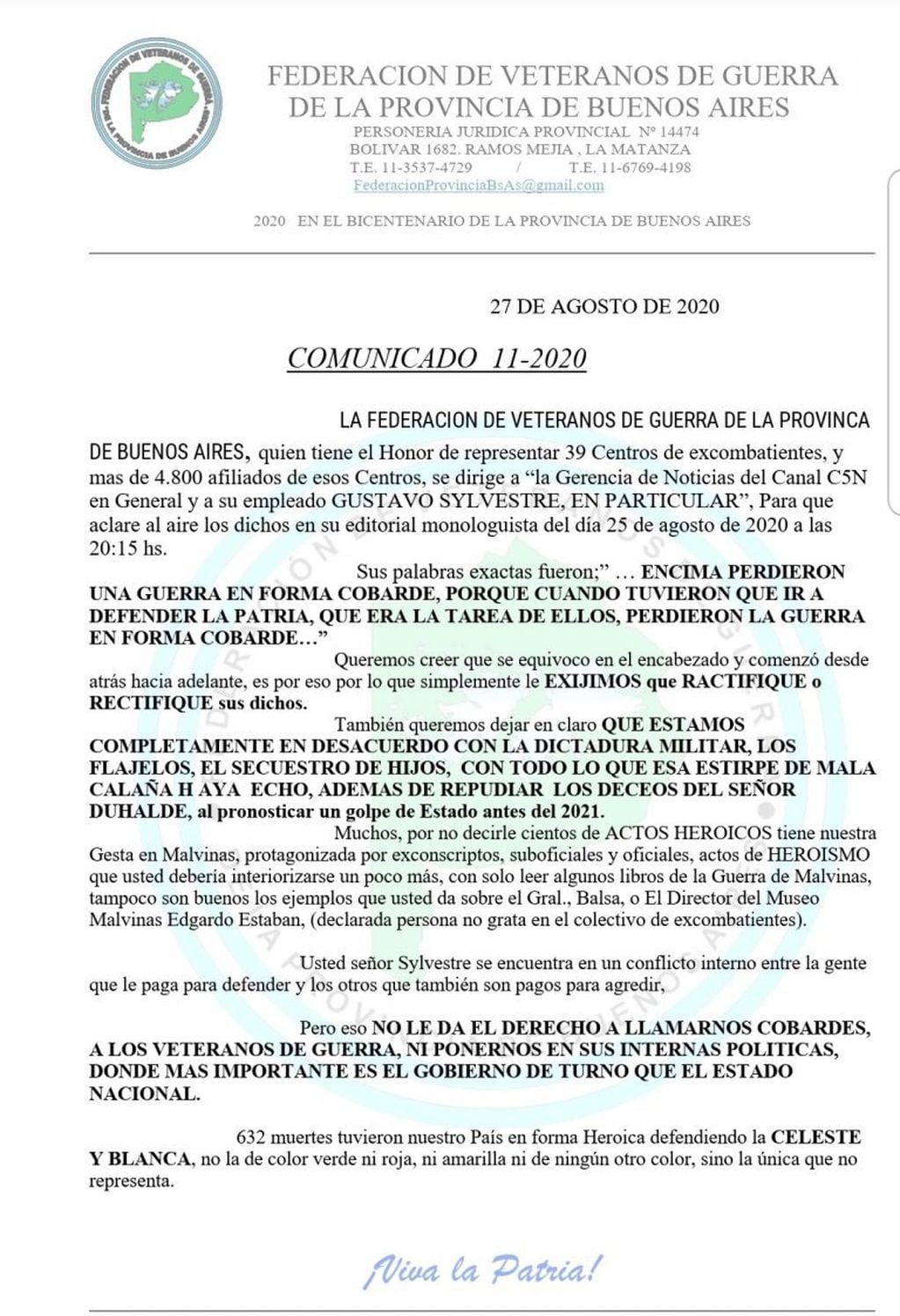comunicado de Centro de Veteranos de Guerra de la Provincia de Buenos Aires 1