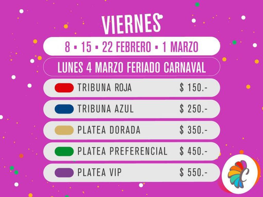 Costo de las entradas para los días viernes y sábado de cada fin de semana