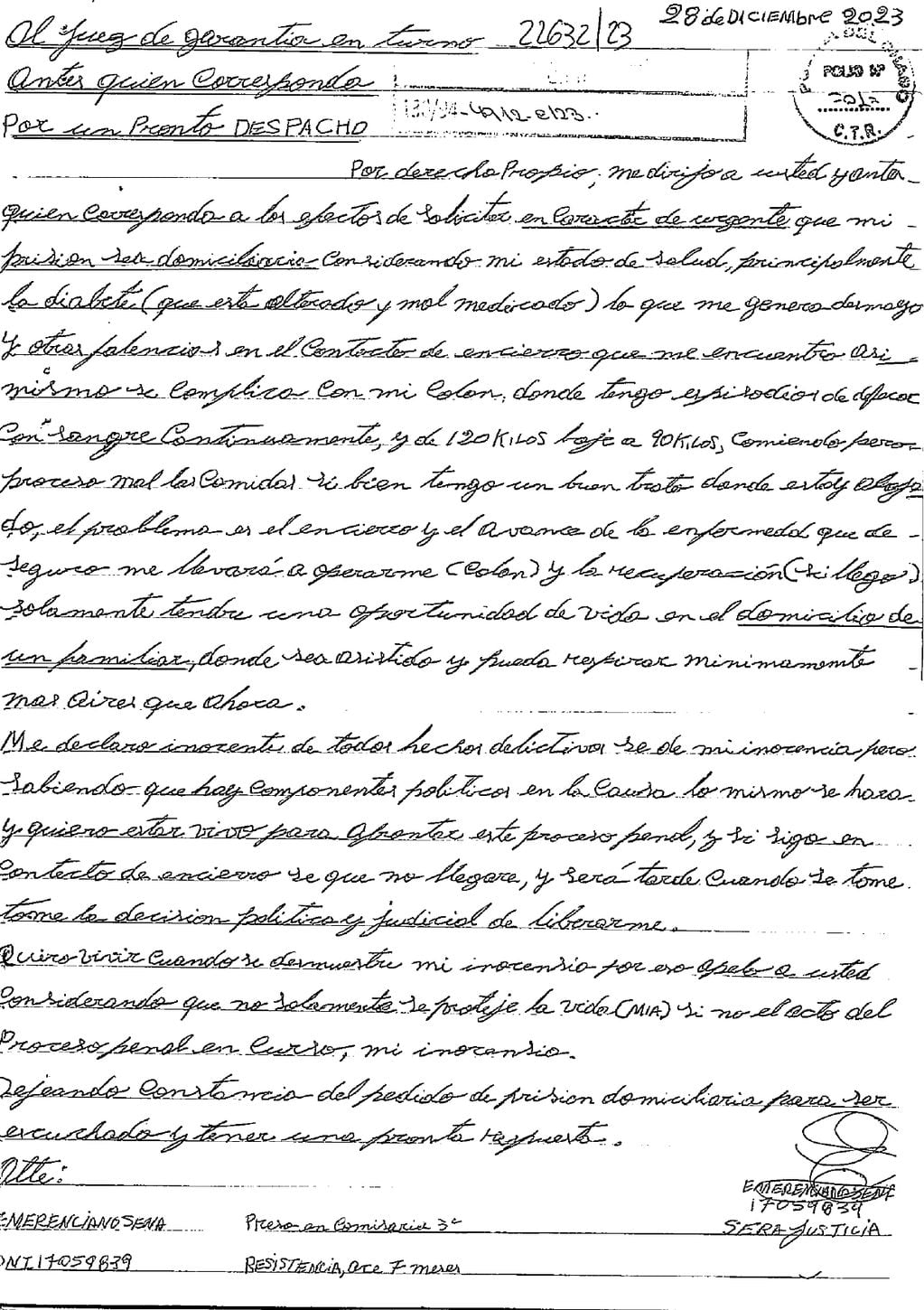 La carta que escribió Emerenciano Sena.