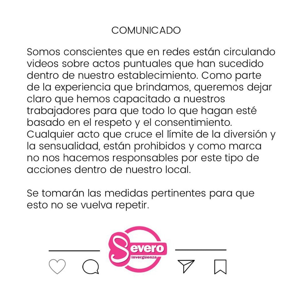 Comunicado oficial de @severo_sinverguenza en Instagram.