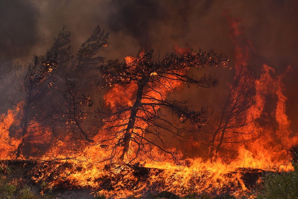 Las llamas queman un bosque en la aldea de Vati, en la isla de Rodas, en el mar Egeo. (AP)