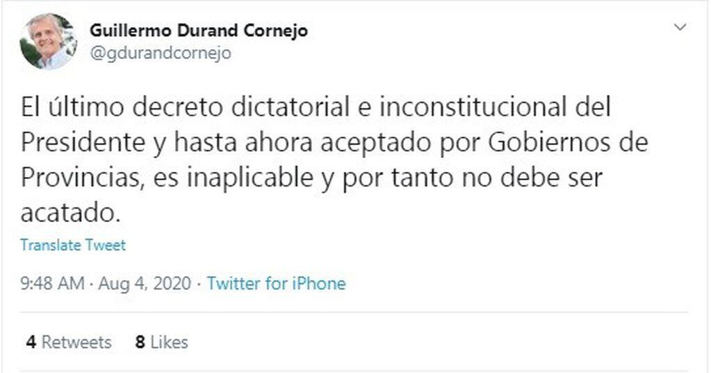 El tuit de Guillermo Durand Cornejo. (Twitter)