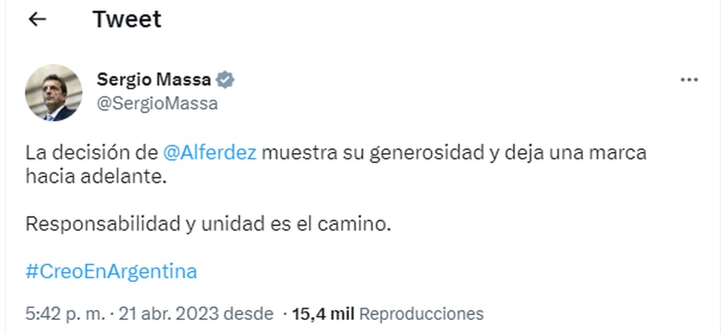 El tuit de Sergio Massa.