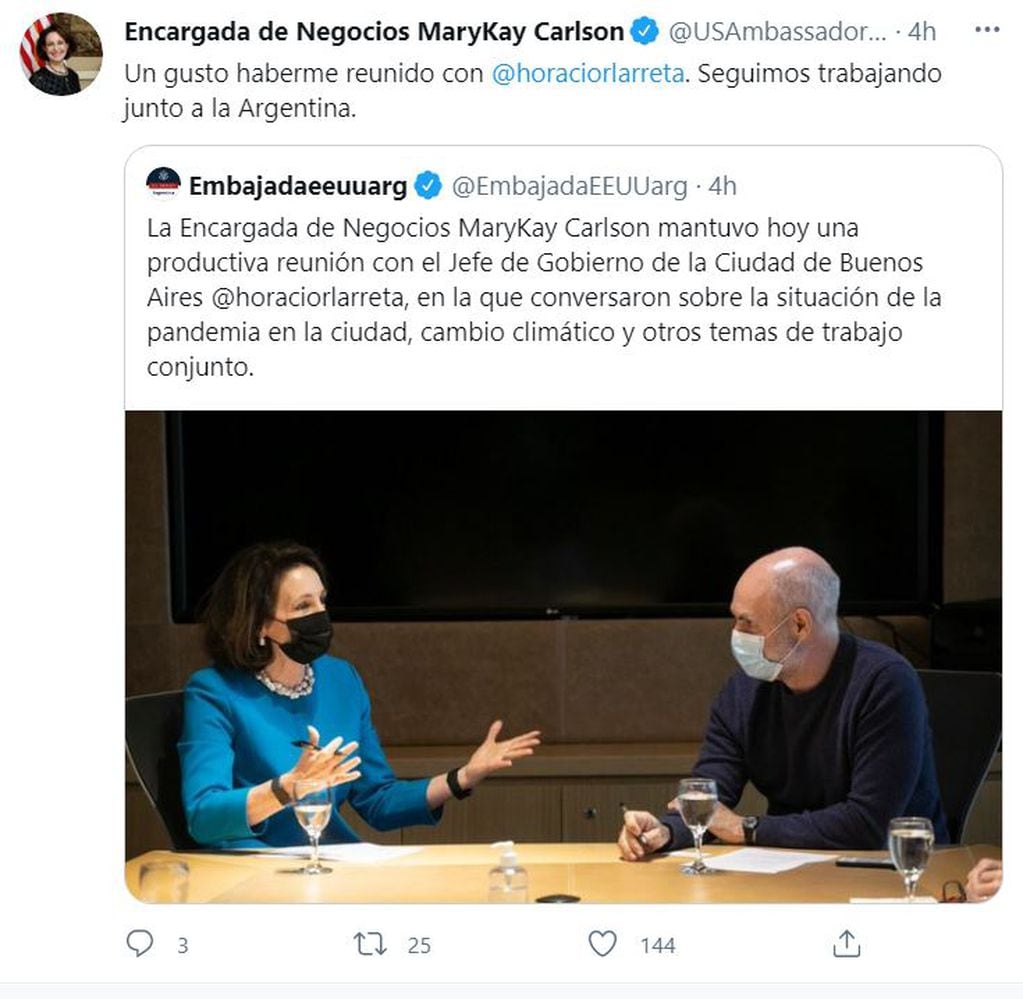 Horacio Rodríguez Larreta mantuvo una reunión este miércoles con la encargada de Negocios del gobierno de Estados Unidos MaryKay Carlson