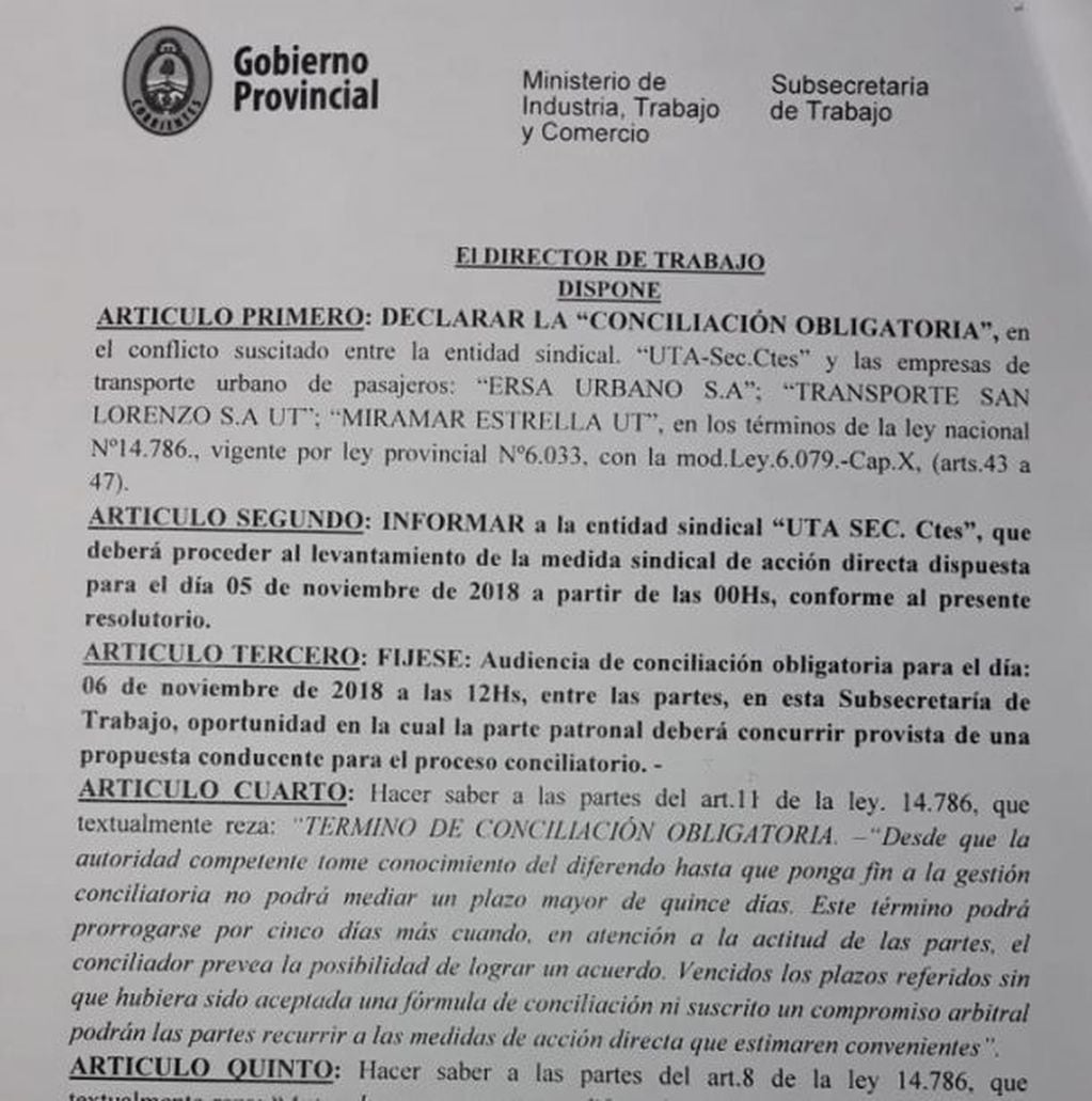 Documento de la Subsecretaría de Trabajo de Corrientes dictando la conciliación obligatoria. (Fuente: Corrientes Hoy)