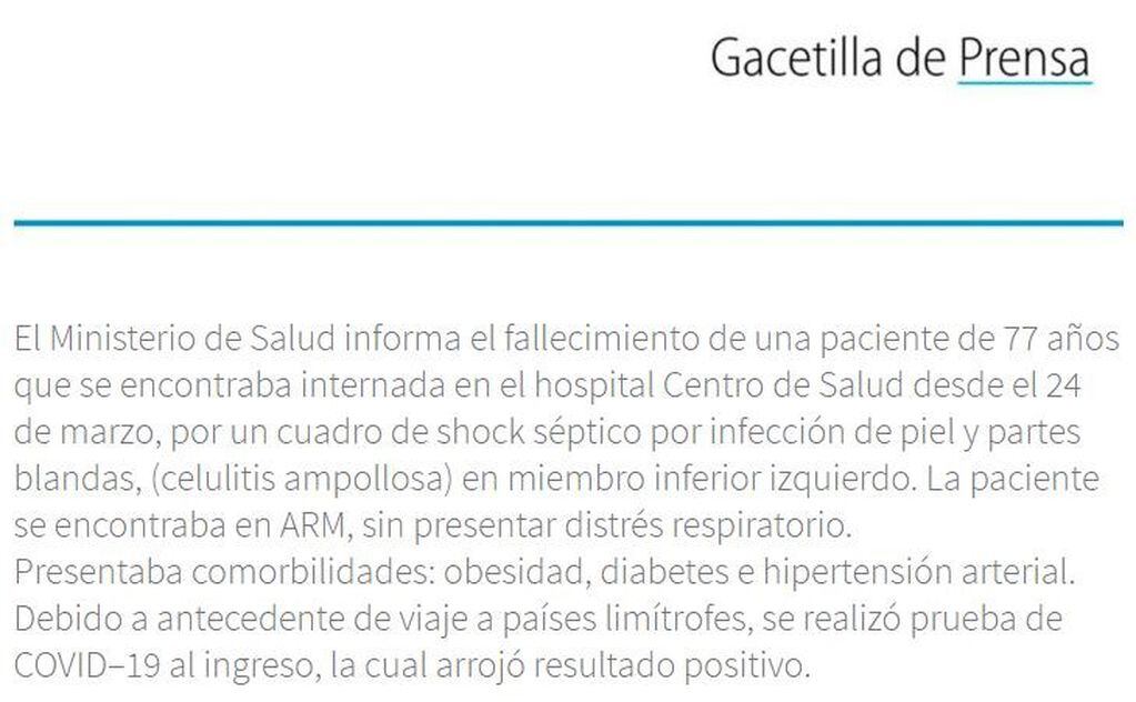 Comunicado Oficial del Ministerio de Salud de Tucumán.