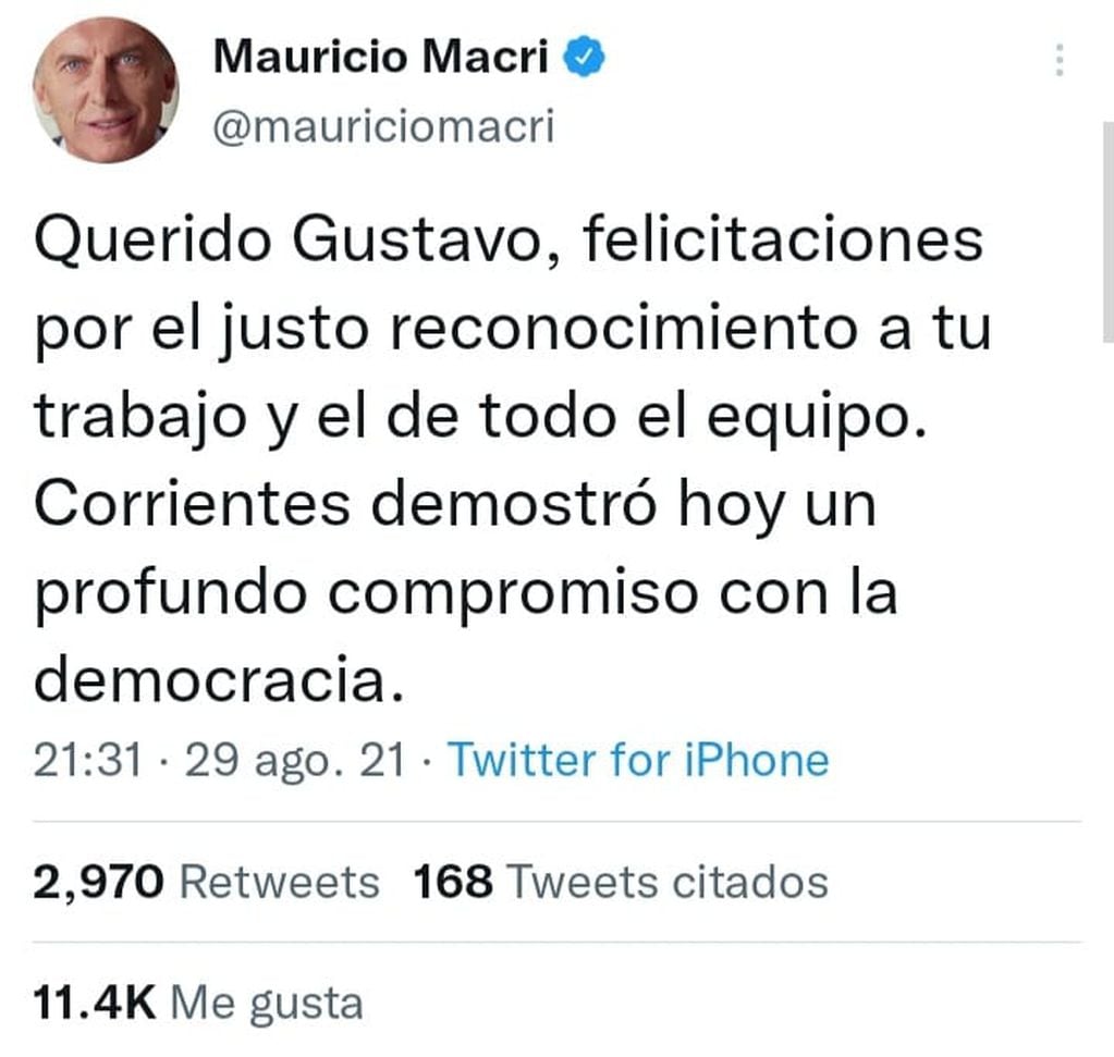 El expresidente felicitó al gobernador reelecto por el radicalismo correntino.