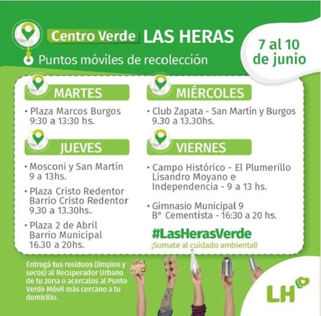 Agenda de los untos móviles de recolección de elementos reciclables en Las Heras.