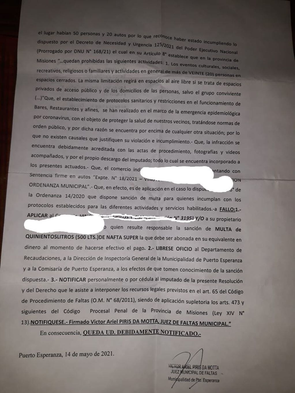 Acta elaborado por el Tribunal de Falta de Puerto Esperanza.