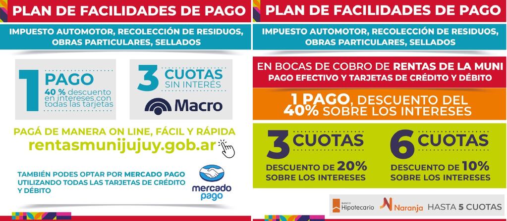 Infografías que resumen las alternativas de pago con beneficios para el contribuyente, que están vigentes en San Salvador de Jujuy.