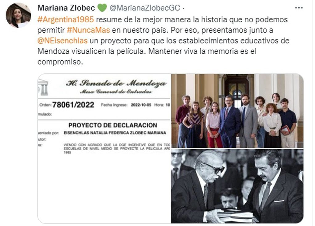 La legisladora Mariana Zlobec marcó su postura en relación al film Argentina 1985.