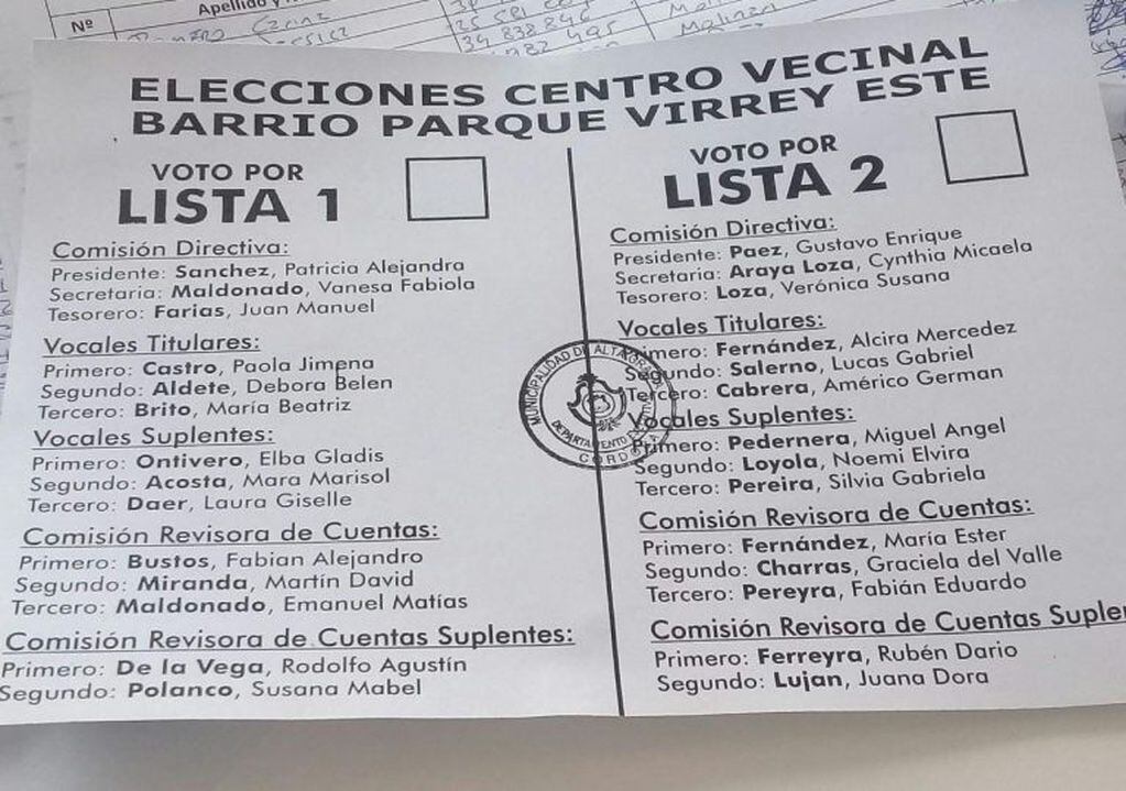 Boleta de las elecciones de autoridades vecinales en Barrio Parque del Virrey, Alta Gracia.