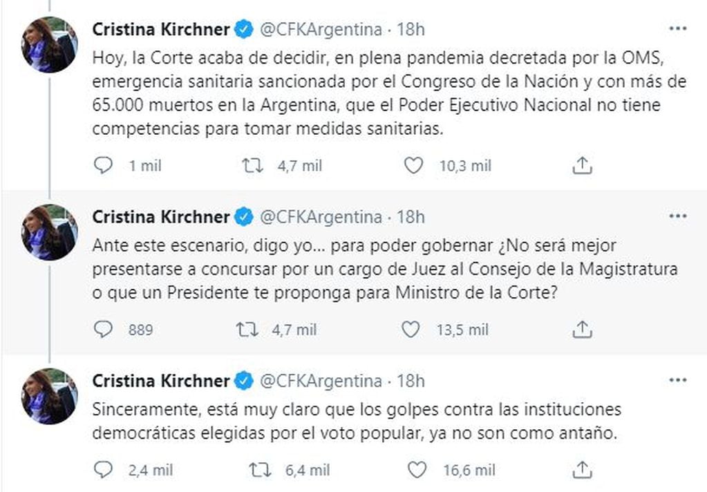 Los tuits de Cristina Kirchner