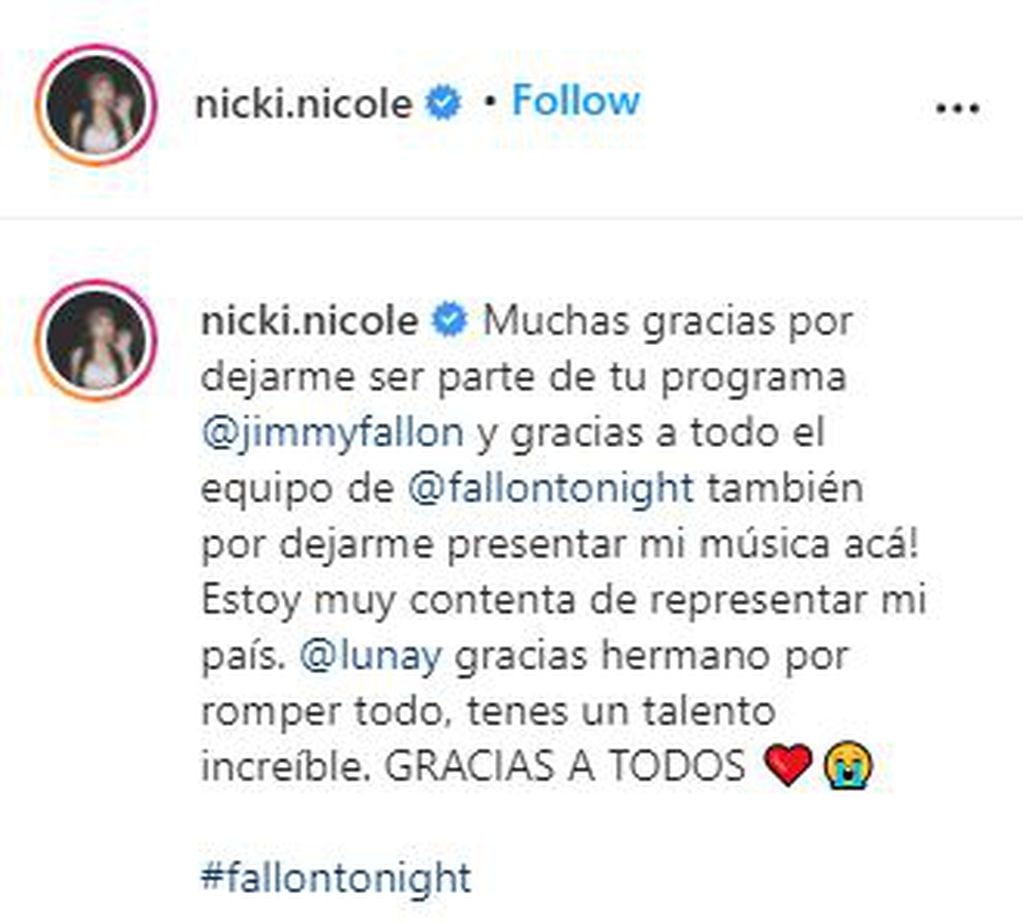 Nicki Nicole y su posteo en redes tras estar en el show de Jimmy Fallon. (Instagram)