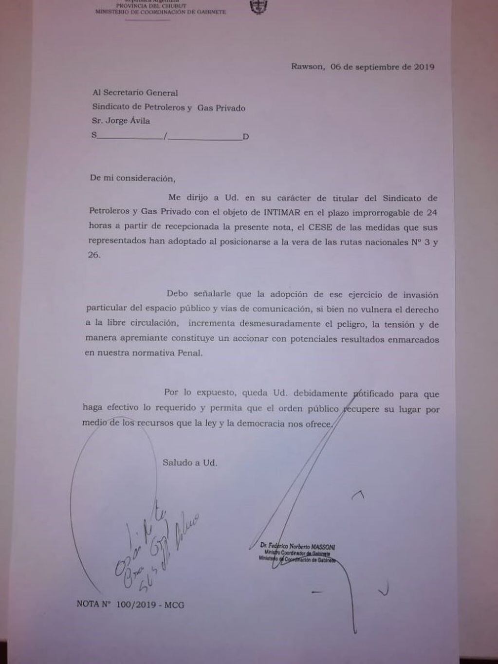 Carta documento del Gobierno Provincial