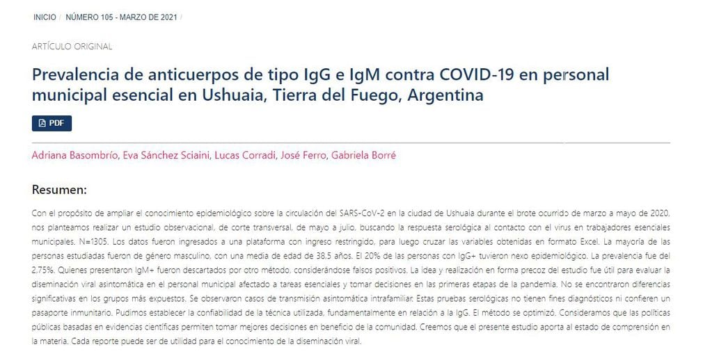 Estudio sobre covid-19 realizado en Ushuaia y publicado en la Revista de Infectología Argentina y Fundación Huésped.