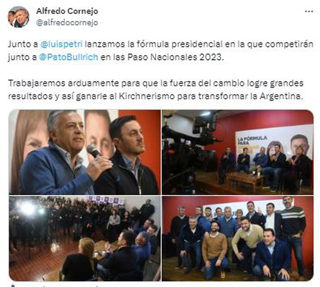 Alfredo Cornejo y Luis Petri "lanzando" la fórmula presidencial del mendocino con Bullrich.