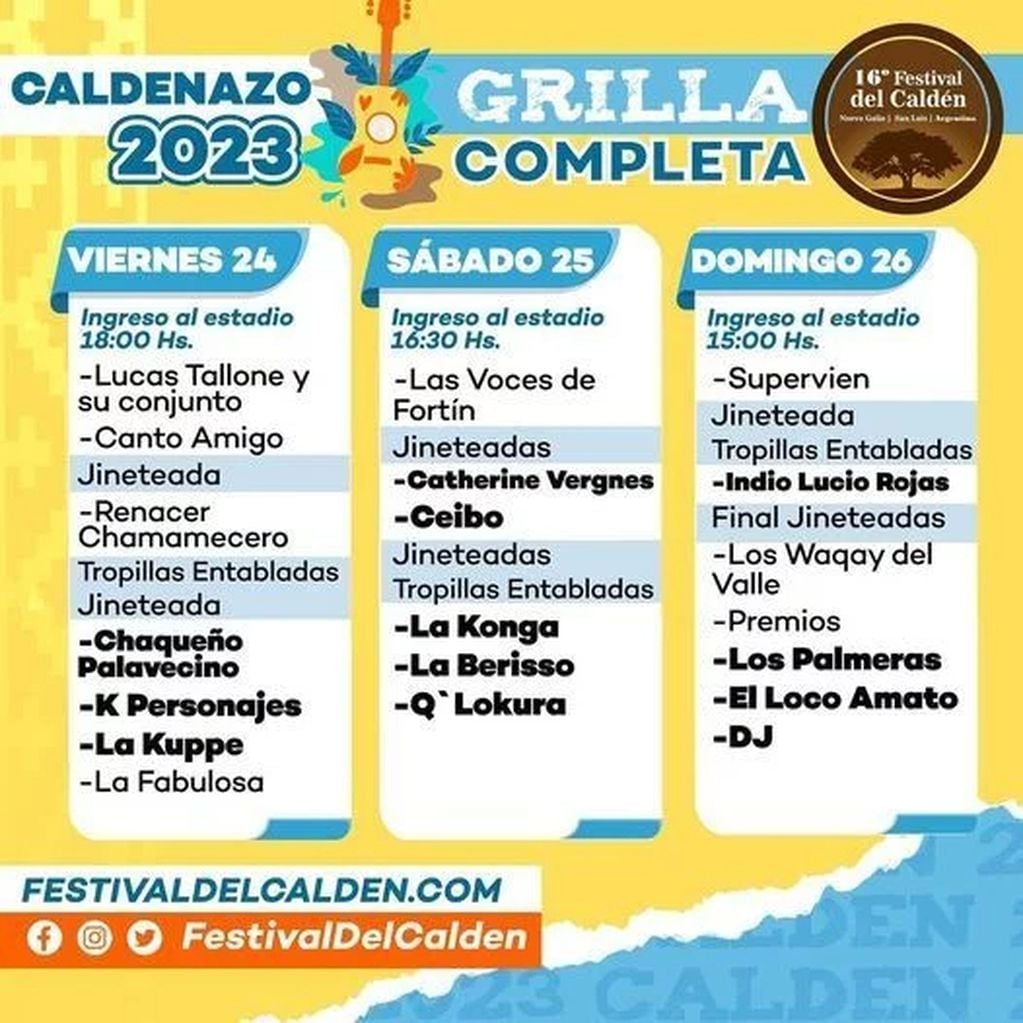 Grilla completa del Festival del Caldén.